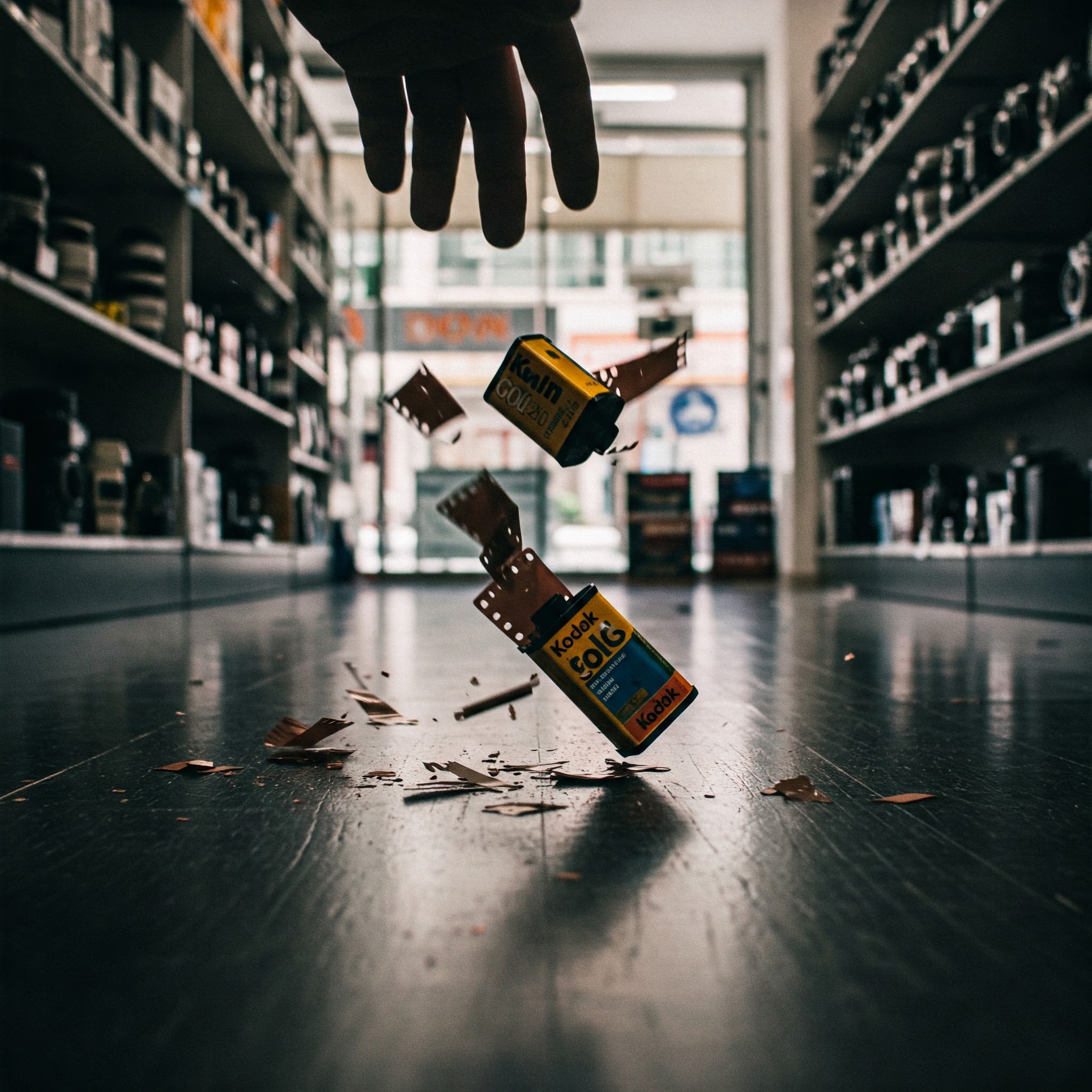 Rolls of film being dropped.