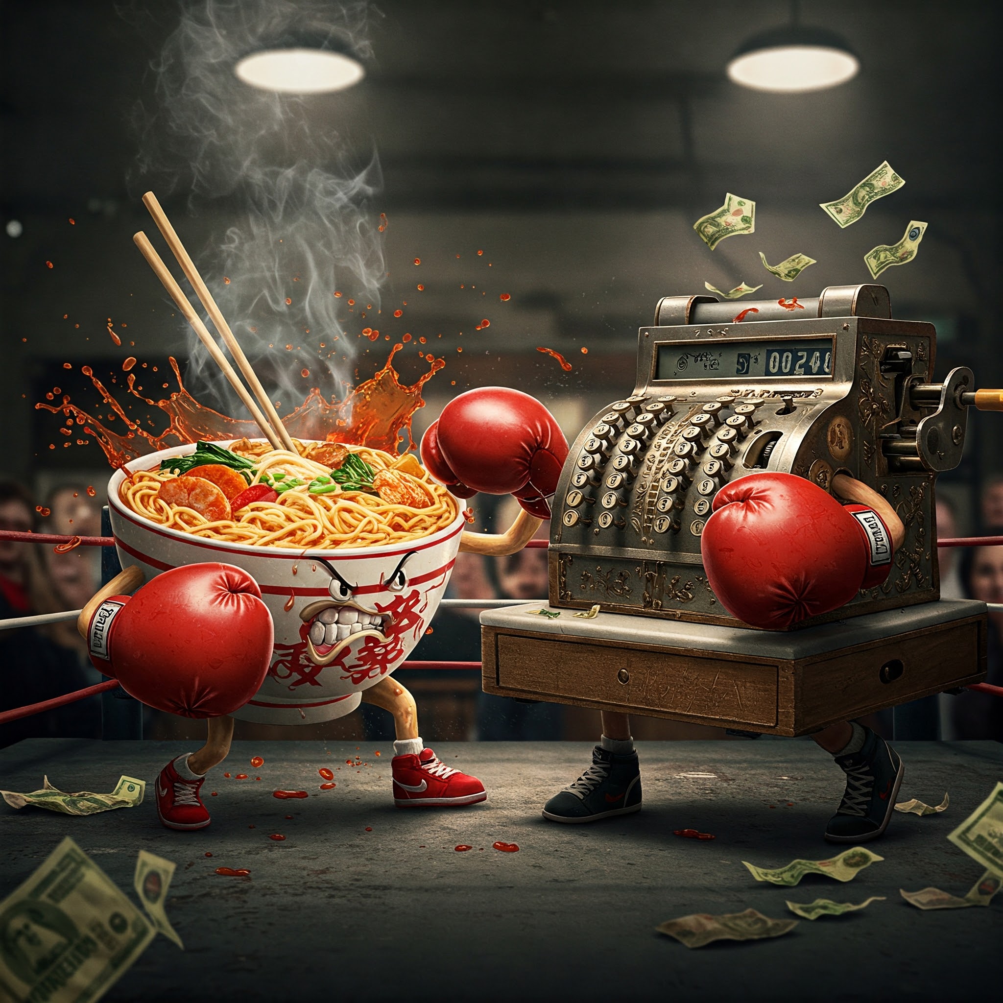 A bowl of noodles fighting a cash register. Both have boxing gloves on and determined to win.