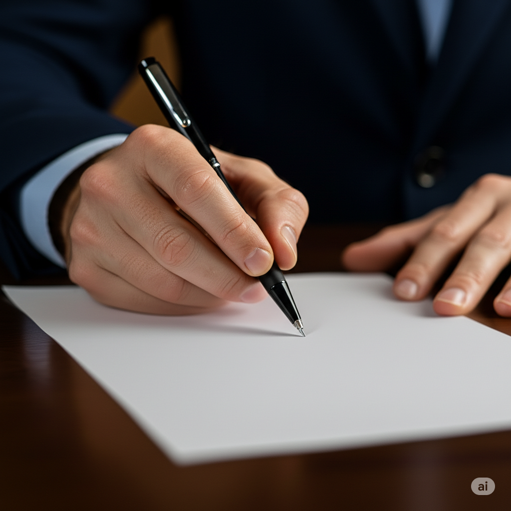 A person about to sign a sheet of paper.