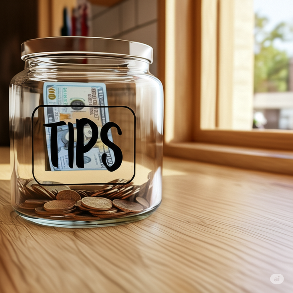 A tip jar on a table with money in it.