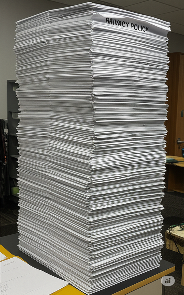 A towering stack of white papers, easily several feet high, dominates the frame. The top sheet clearly displays the words "PRIVACY POLICY" in bold, black uppercase letters. The sheer volume of the stack emphasizes the length and complexity often associated with such documents. The papers are neatly aligned, suggesting a substantial amount of information contained within this single privacy policy.