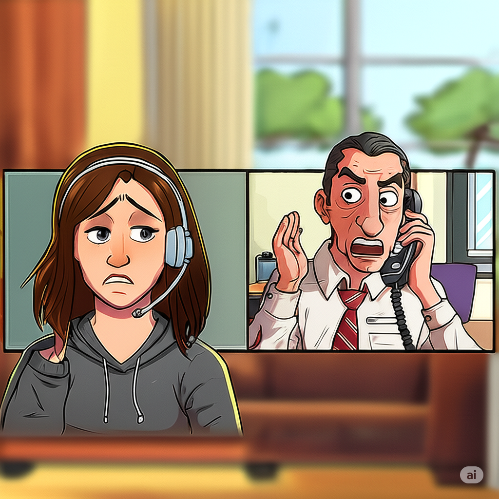A split-screen illustration shows a phone conversation. A stunned young woman with a headset is on the left. On the right, an agitated older man frustrated as he speaks with her from his home office.