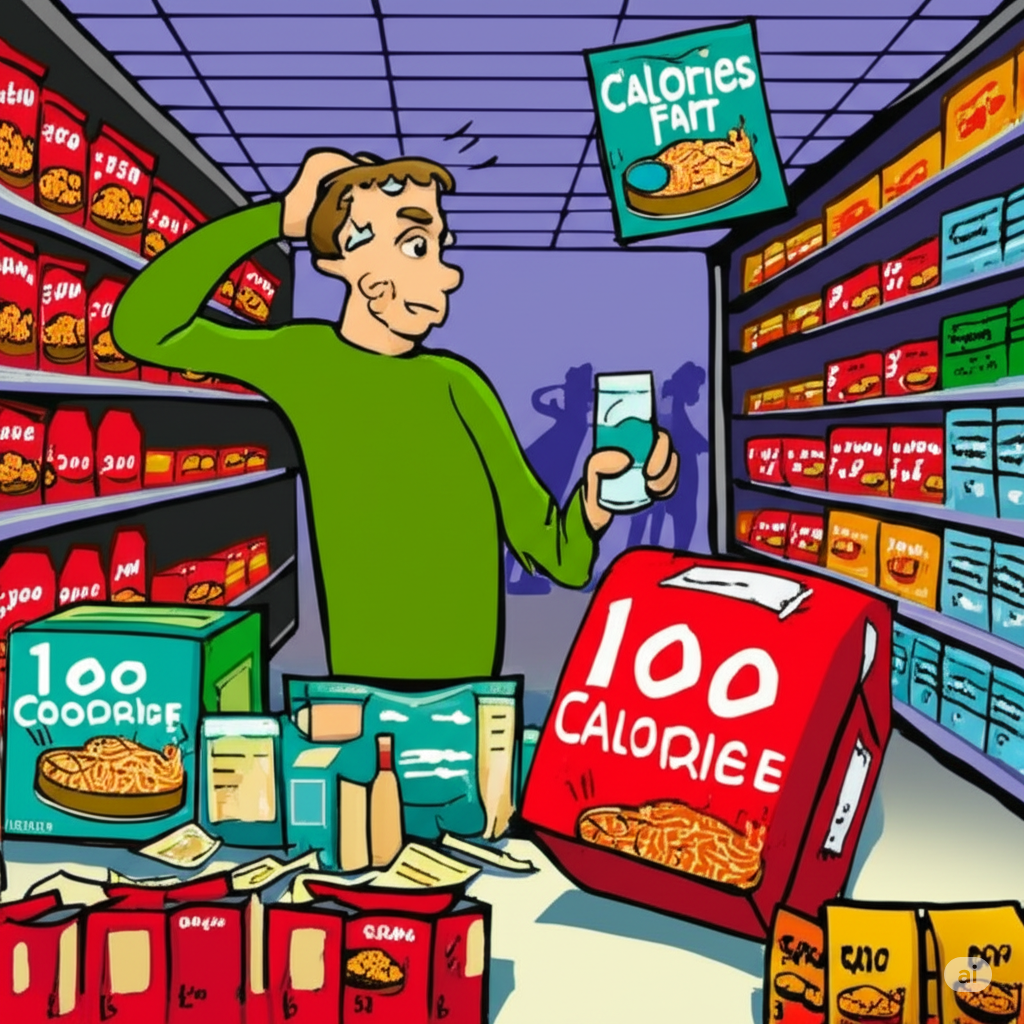A confused shopper in a supermarket scratches his head, surrounded by various food packages. Prominent "100 CALORIES" labels are visible, highlighting the focus on calorie counts. The scene illustrates the difficulty and confusion consumers face when trying to understand serving sizes and nutritional information while grocery shopping.