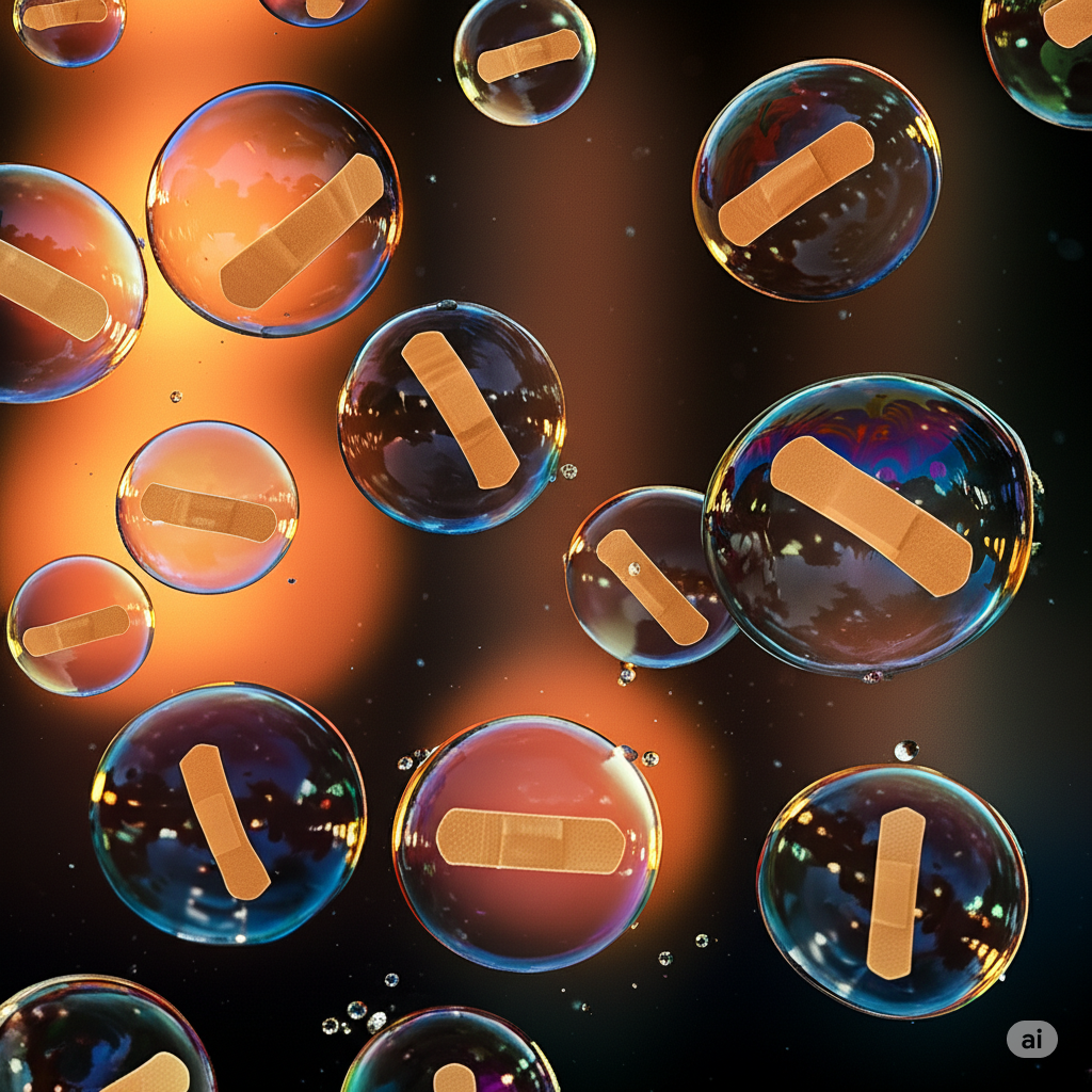 Many iridescent bubbles float against a blurred background, each with a small bandage stuck to its surface.